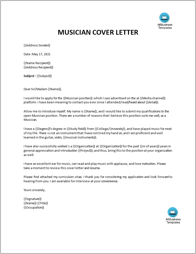 Musician Resume Cover Letter Examples