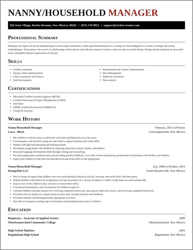Nanny And Household Manager Resume