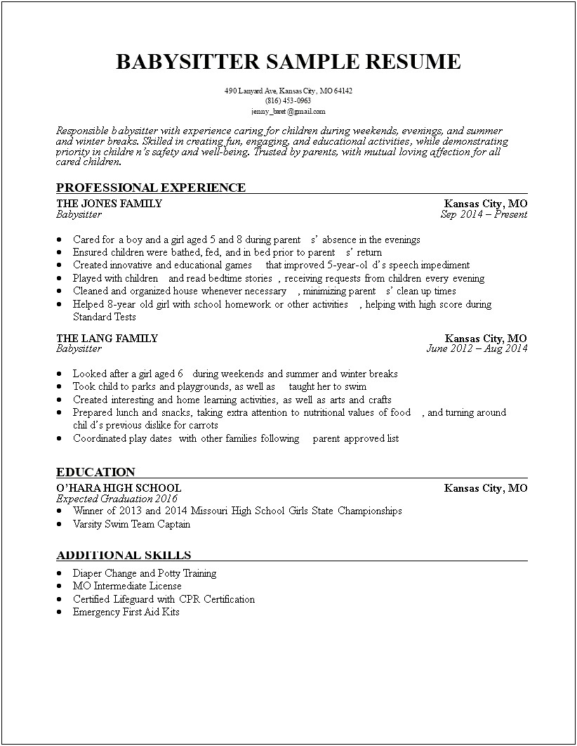 Nanny As Work Experience On Resume