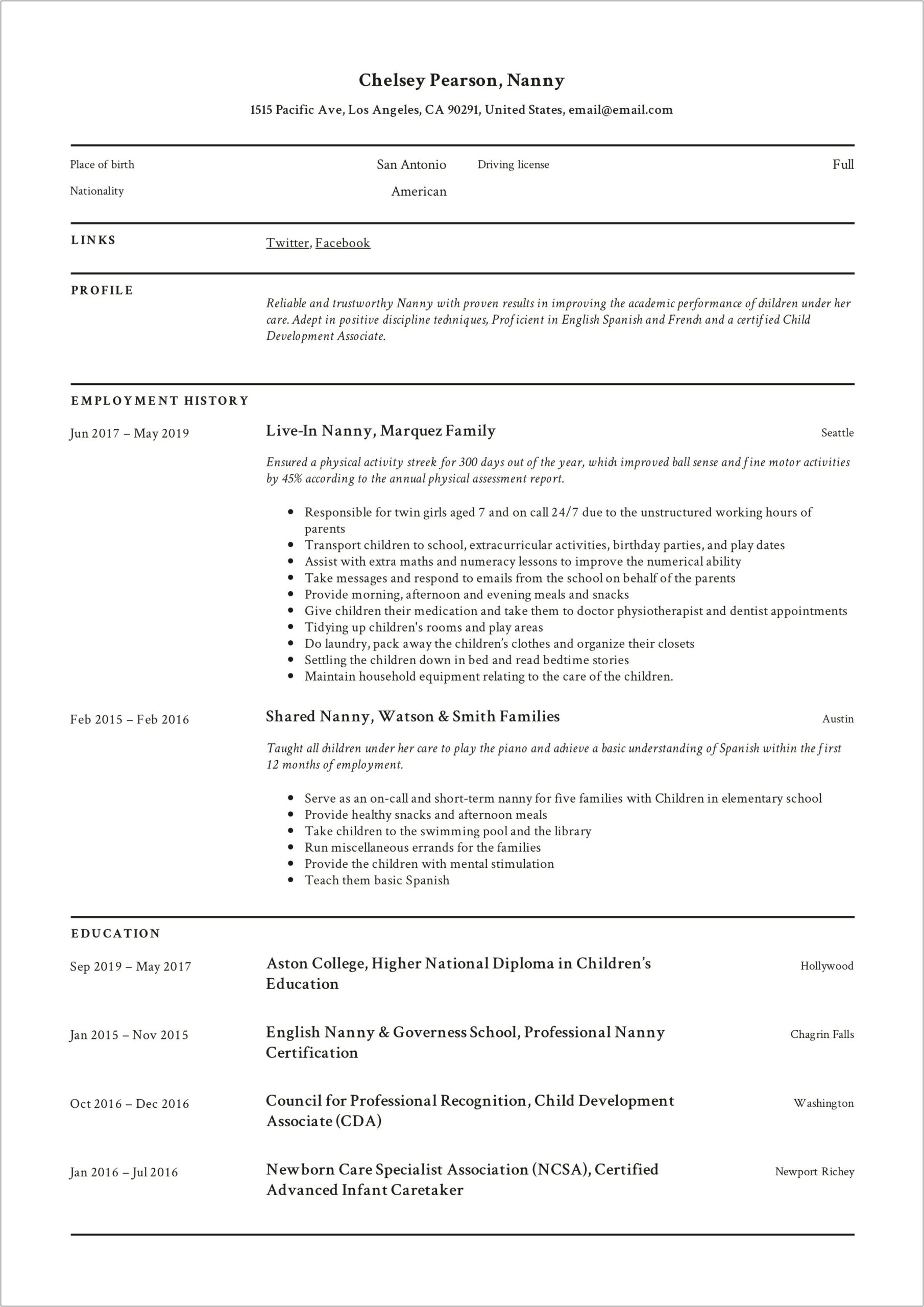 Nanny Personal Assistant Resume Sample