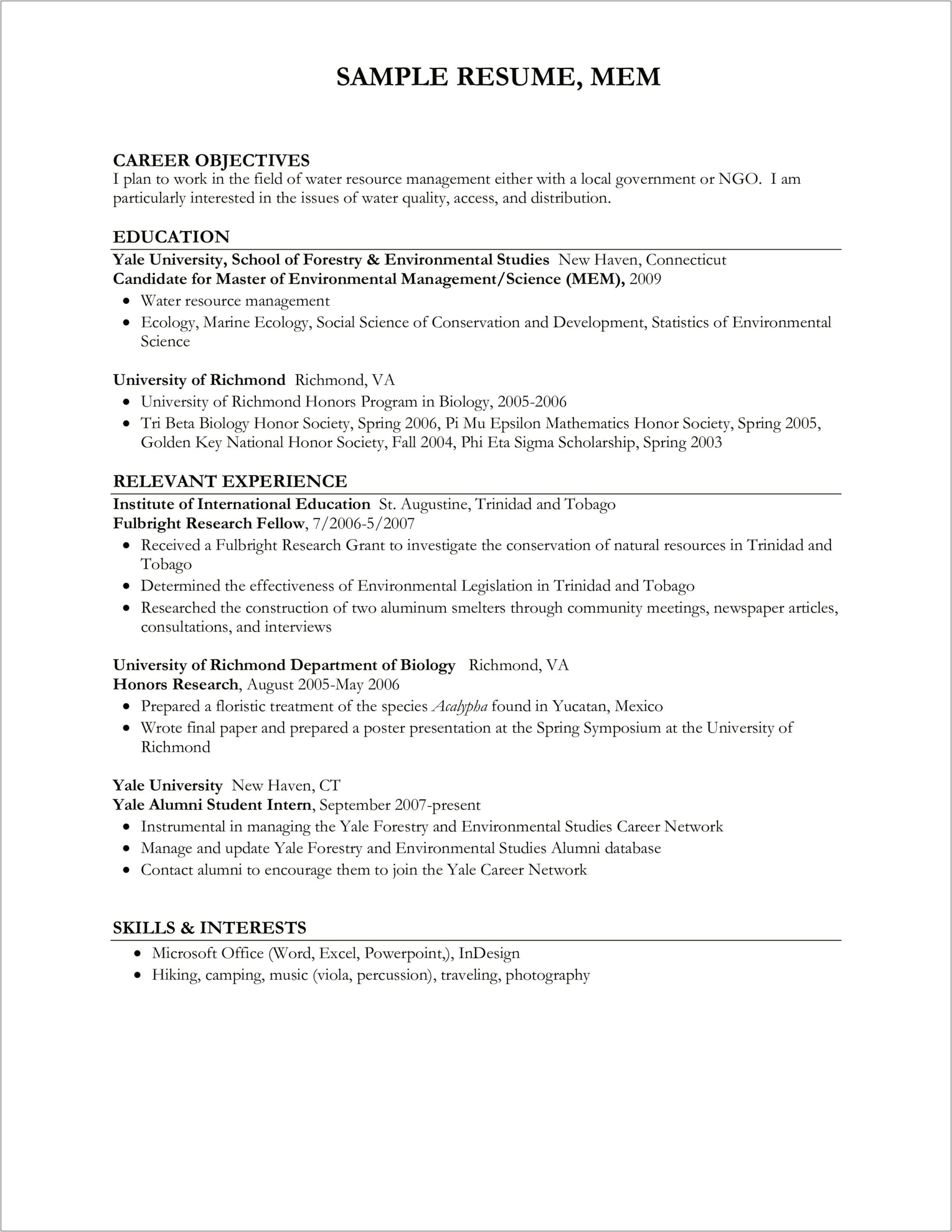 Natural Resource And Environmental Science Objective Resume