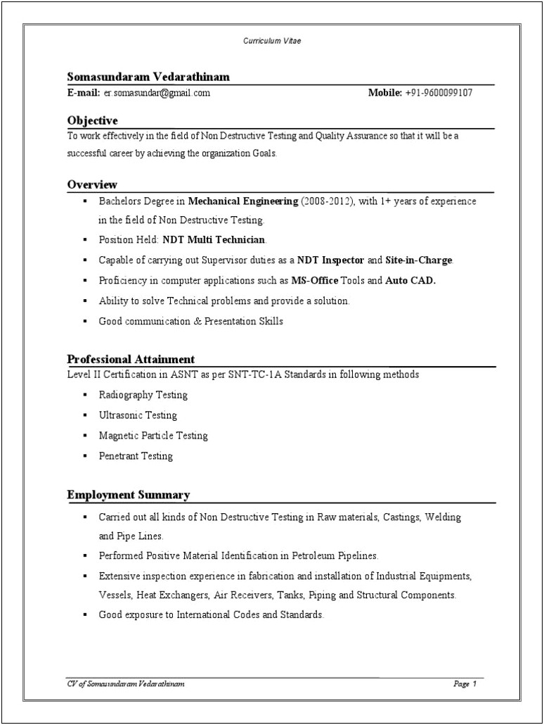 Ndt Level 2 Sample Resume Pdf
