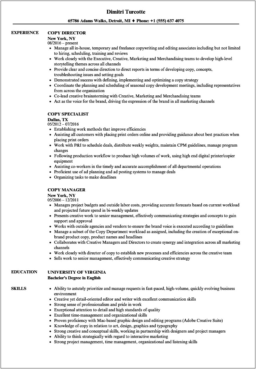 Need Sample Copy Of Resume