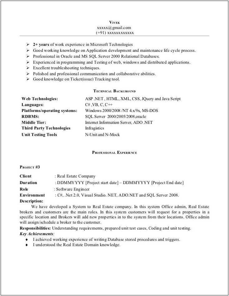 Net Developer Resume With 2 Years Experience