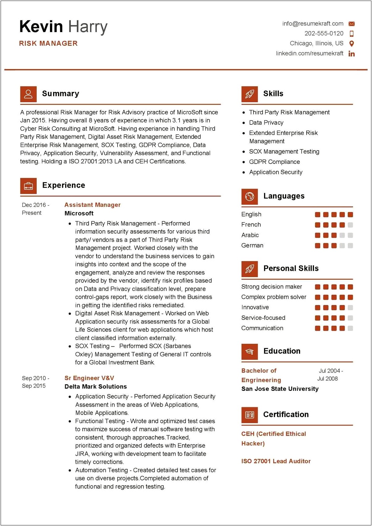 Net Experience Resume With Risk Management