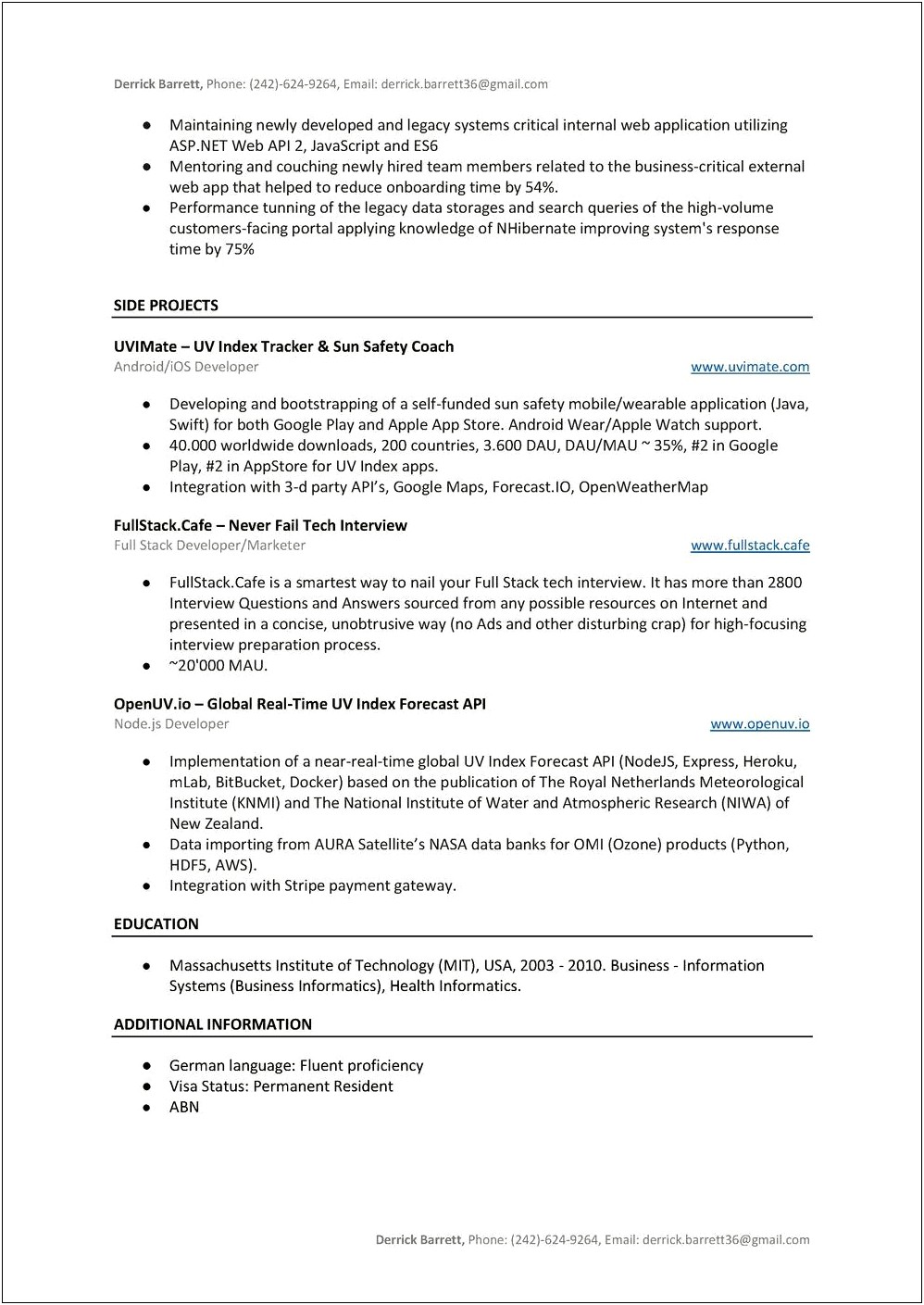 Net Sample Resume For Mvc Application