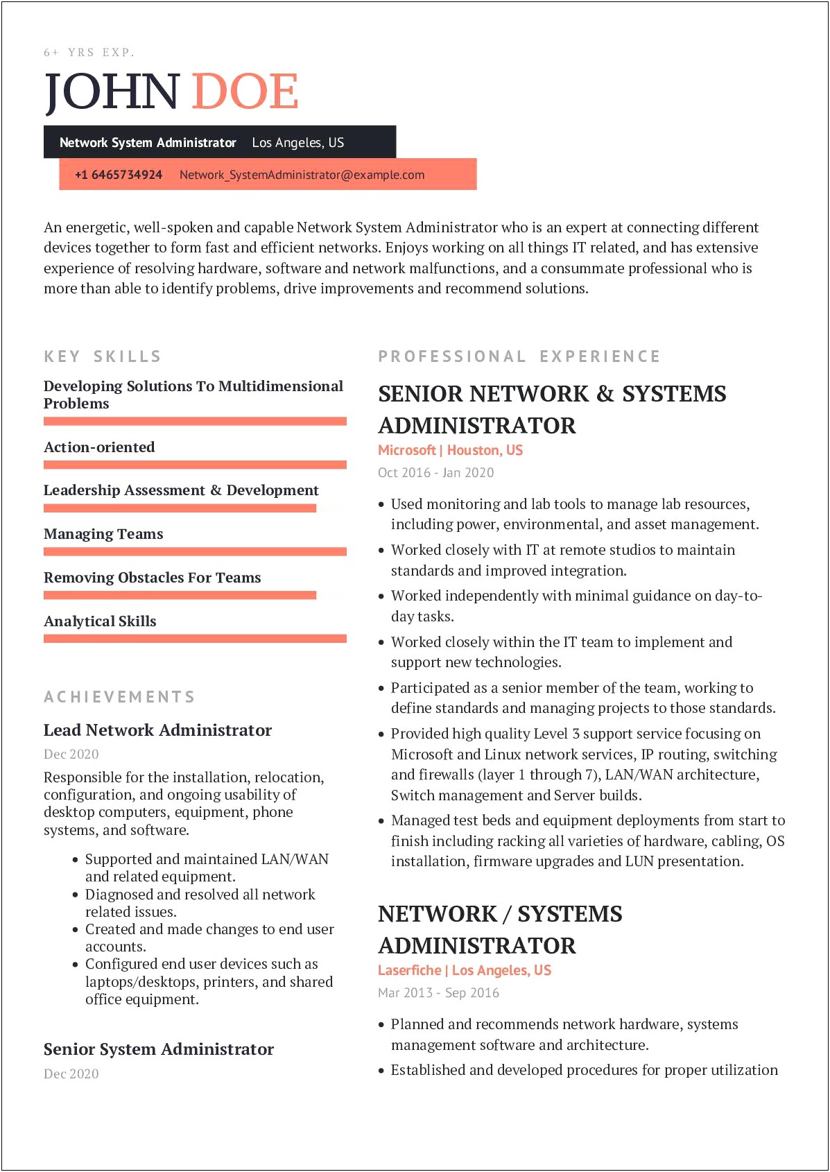 Network Administrator Resume Summary Examples