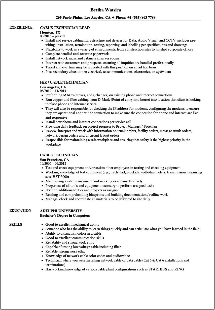 Network Cable Technician Resume Sample