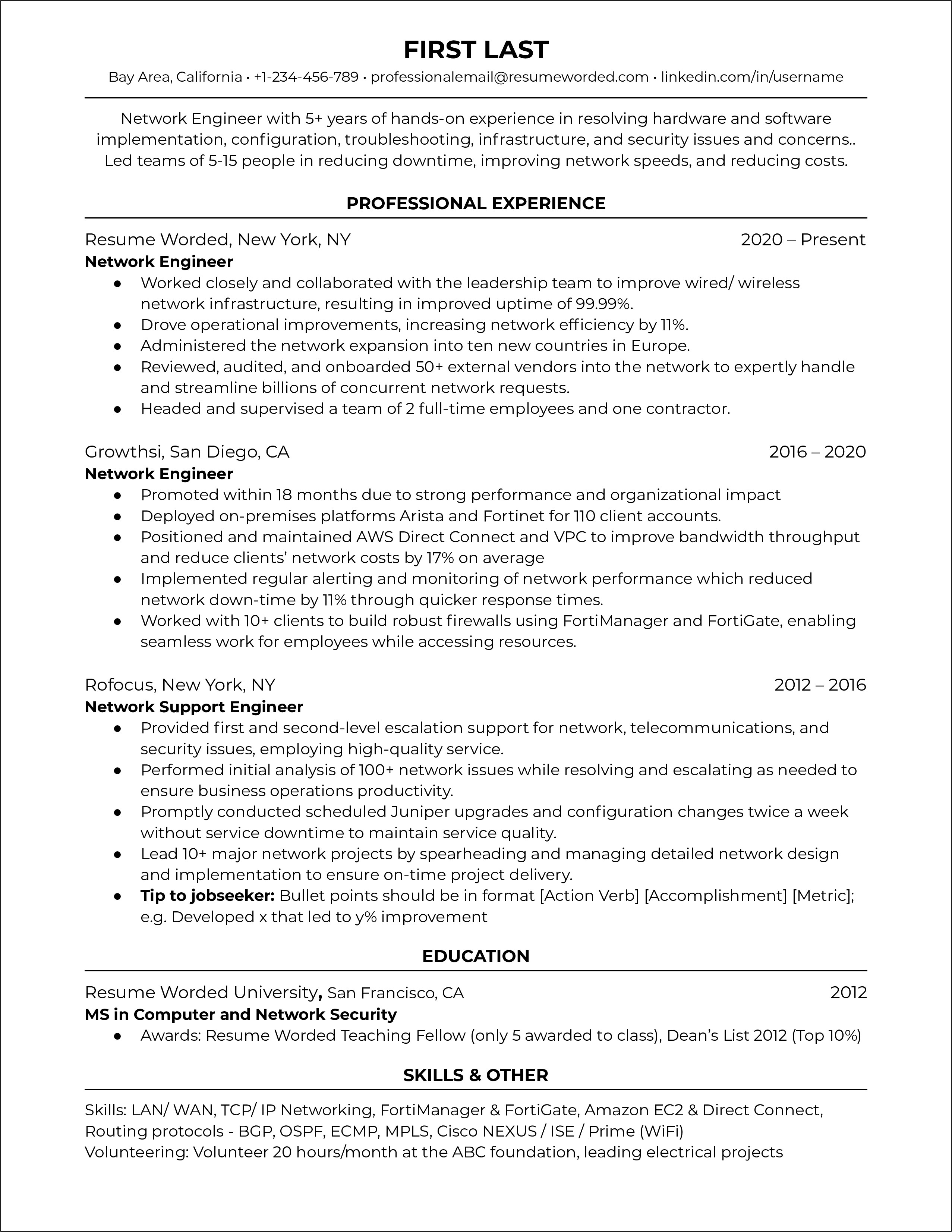 Network Engineer Job Description Resume