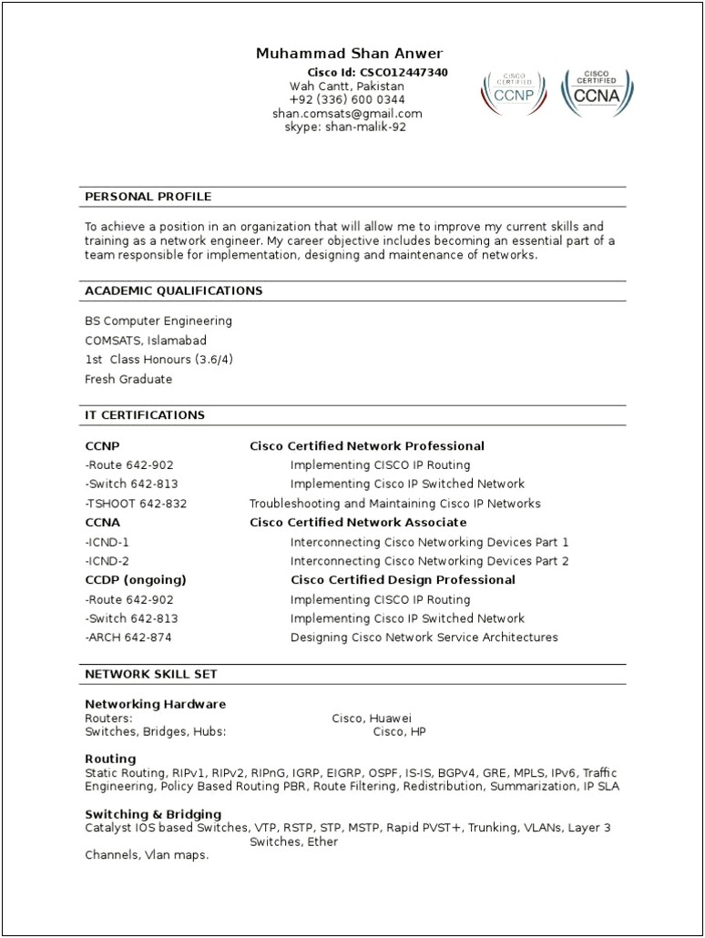 Network Engineer Resume With 4 Year Experience