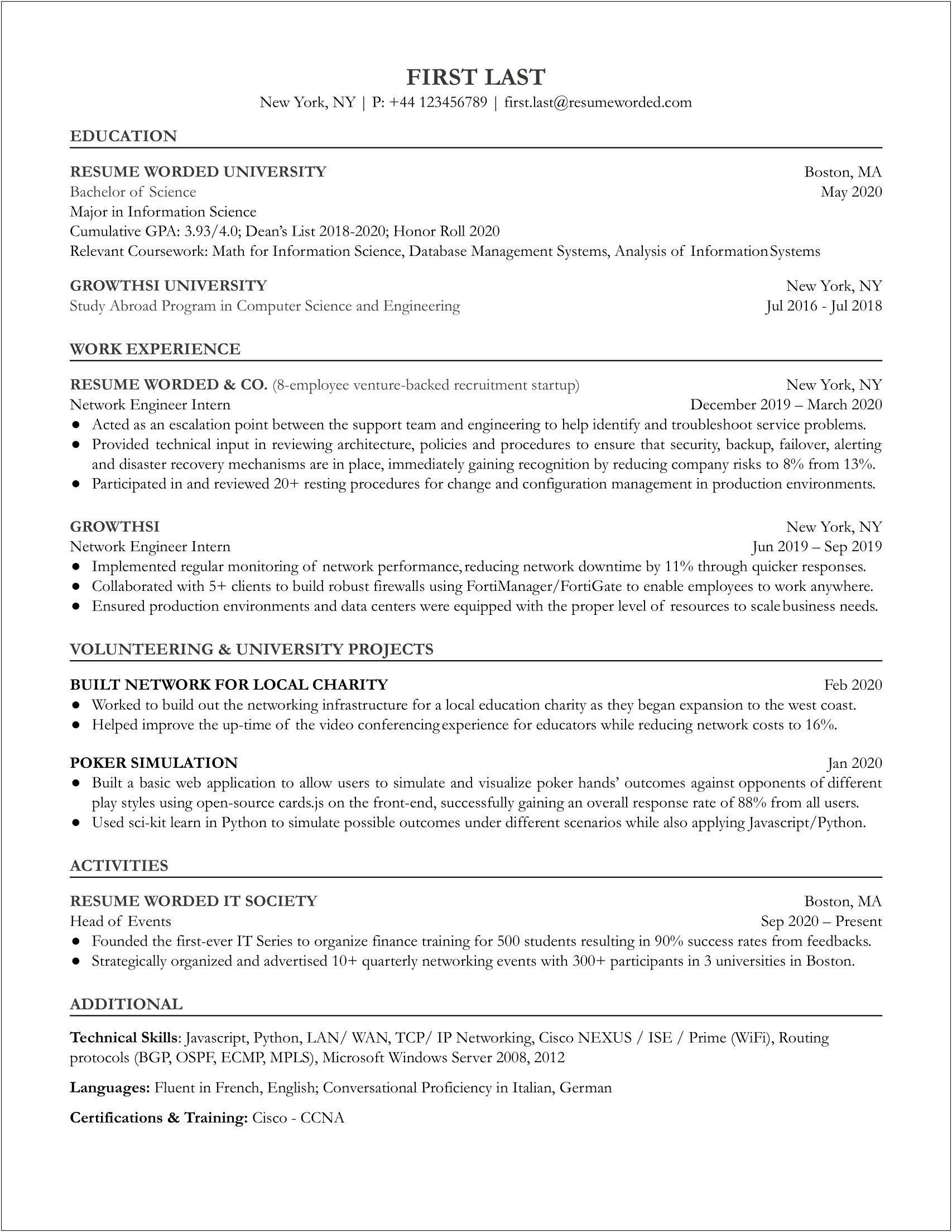 Network Engineer Resume With No Experience