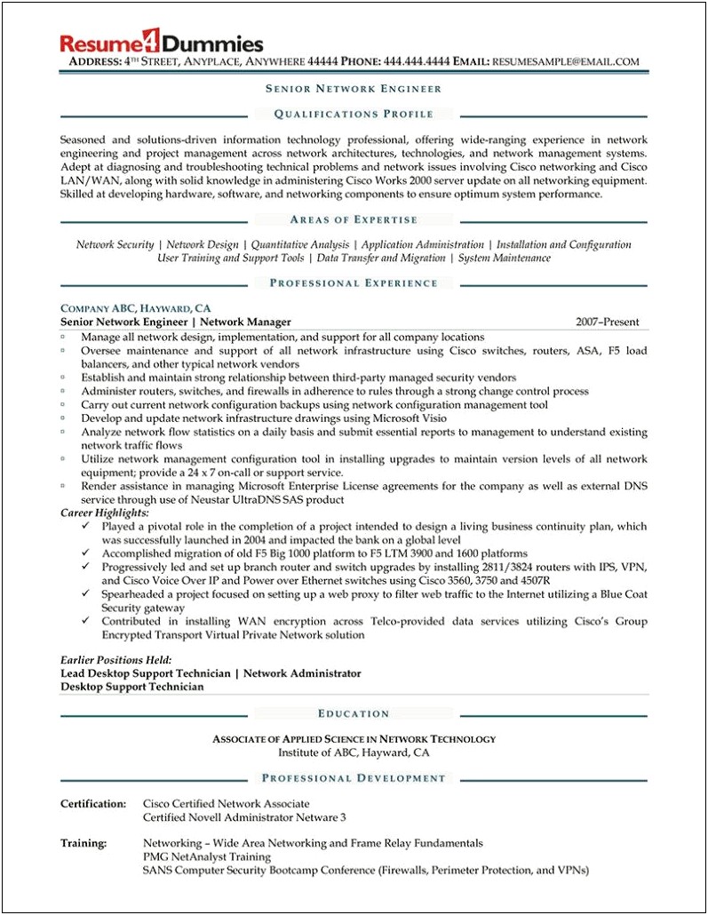 Network Engineer Sample Resume With 10 Years Experience