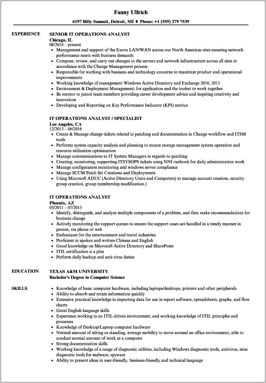 Network Operations Analyst Resume Sample