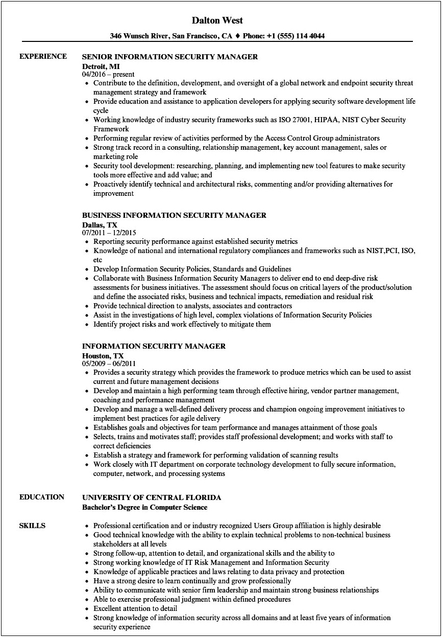 Network Security Manager Sample Resume
