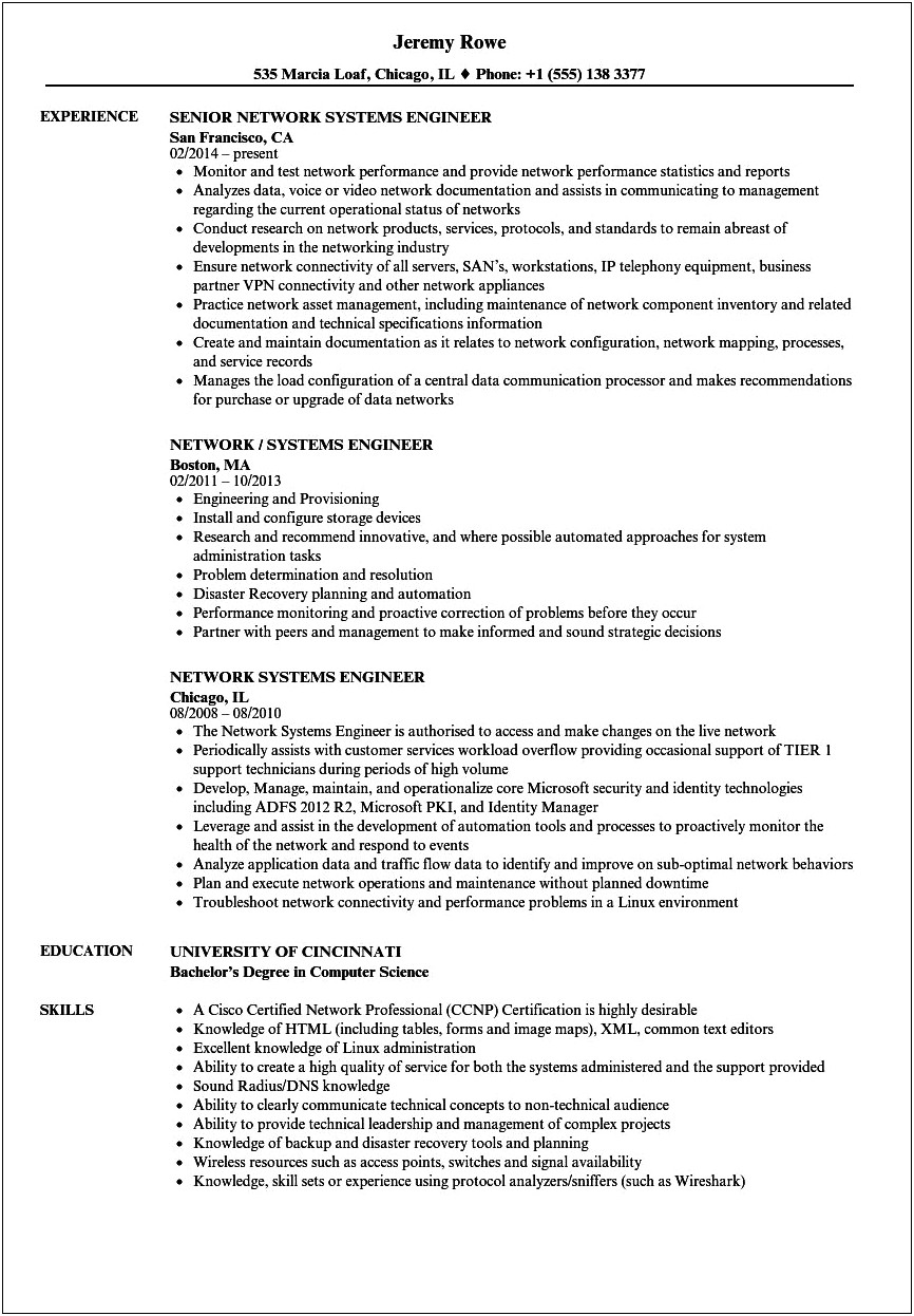 Network Support Engineer Example Resume