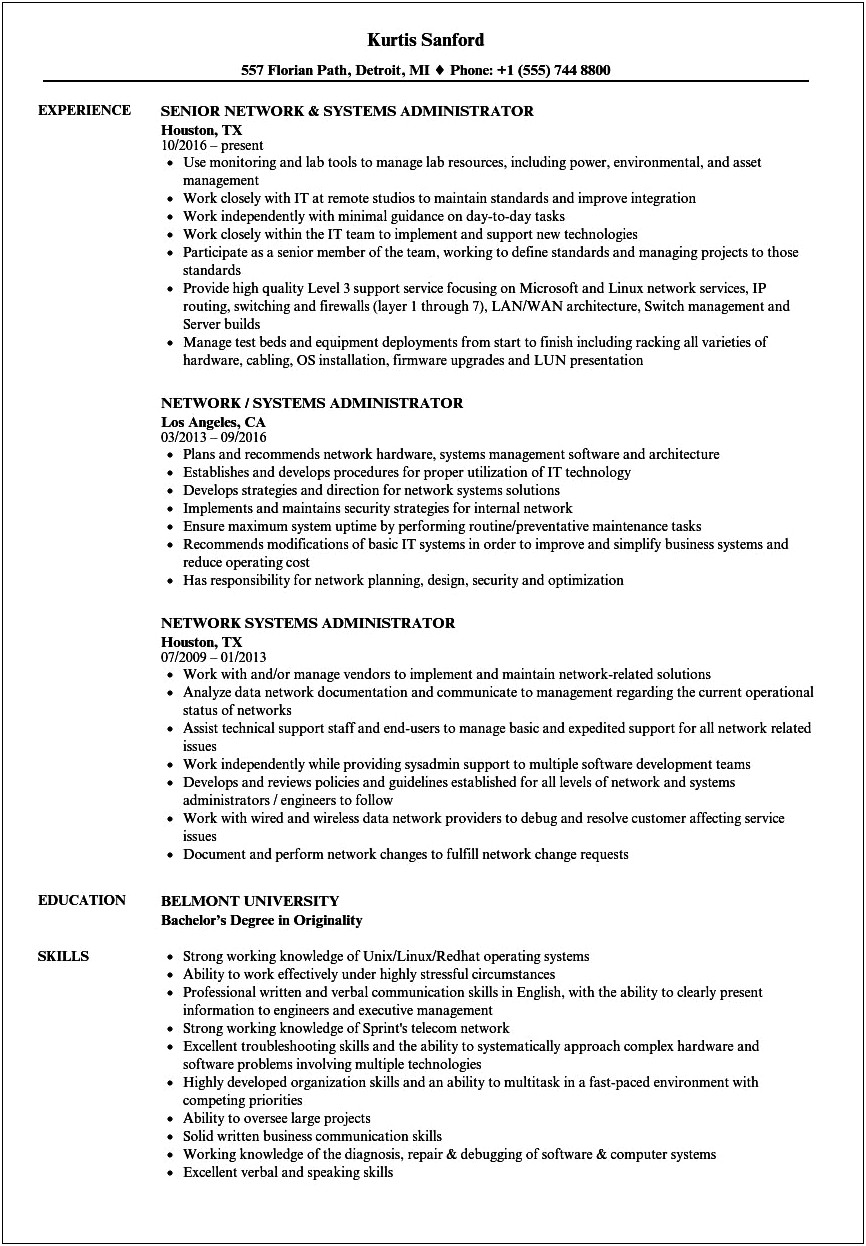 Network Systems Administration Resume Sample