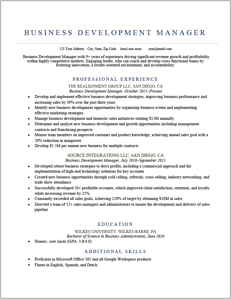 New Business Development Manager Resume