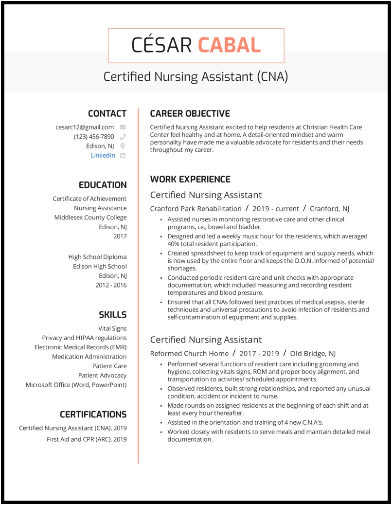 New Certified Nursing Assistant Resume Samples