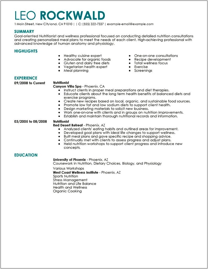 New Dietitian Objectives On Resume