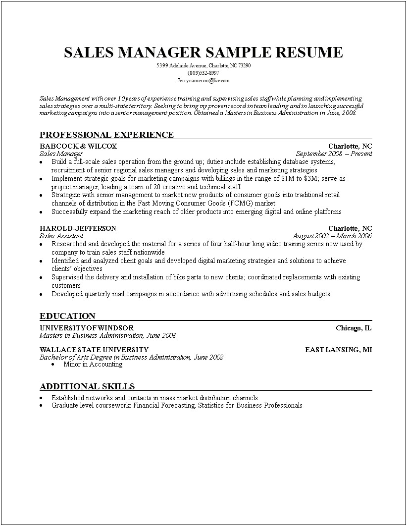 New Event Sales Manager Resume