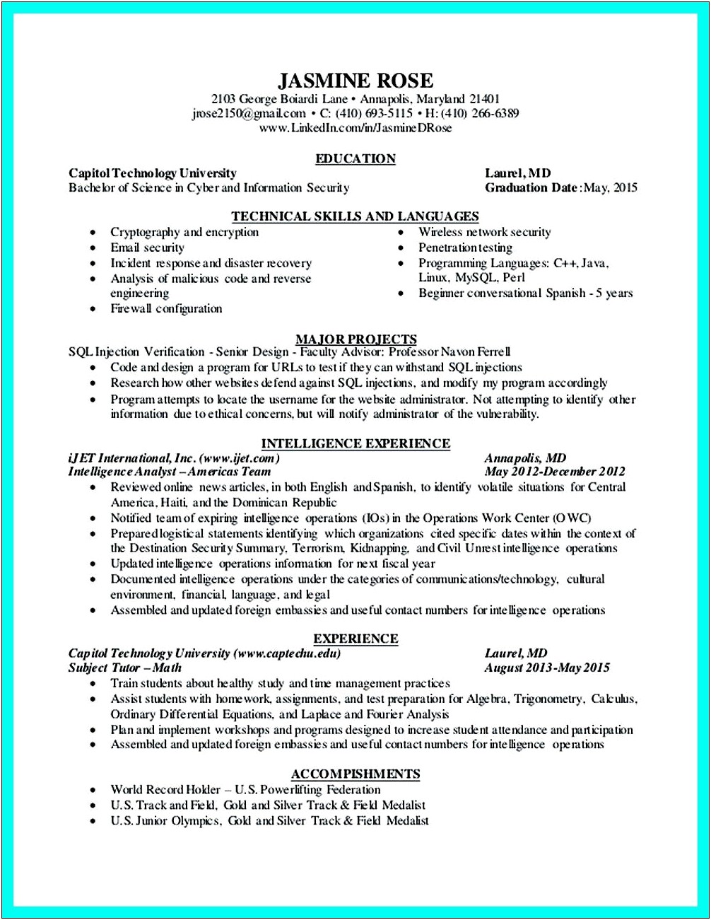 New Grad No Experience Information Security Resume