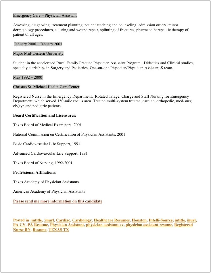 New Grad Pa Resume Clinical Roation Experiences