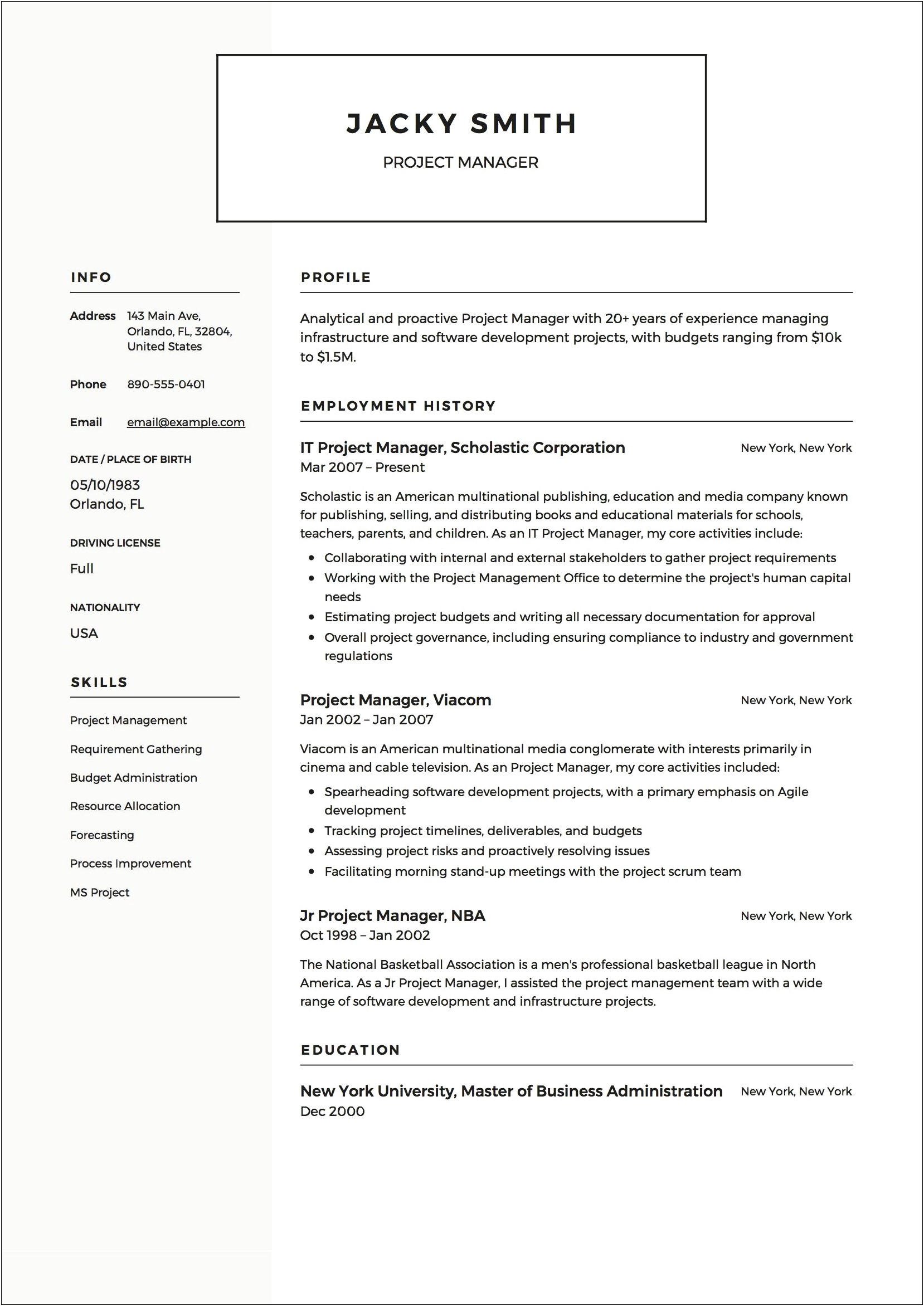 New Location Project Manager Resume