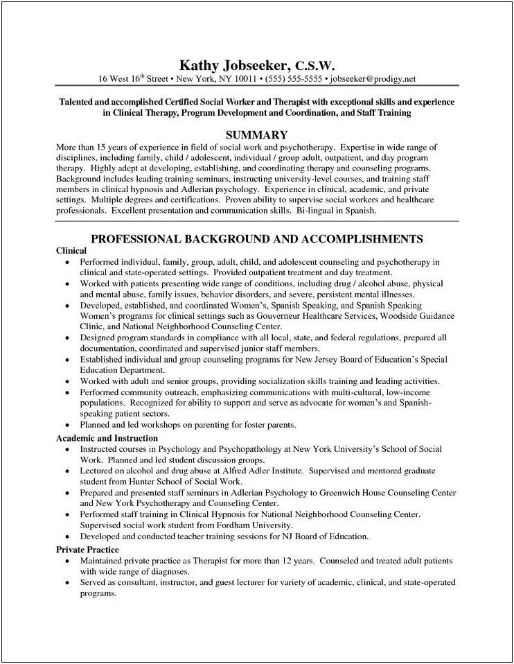 New York Licensed Social Worker Resume