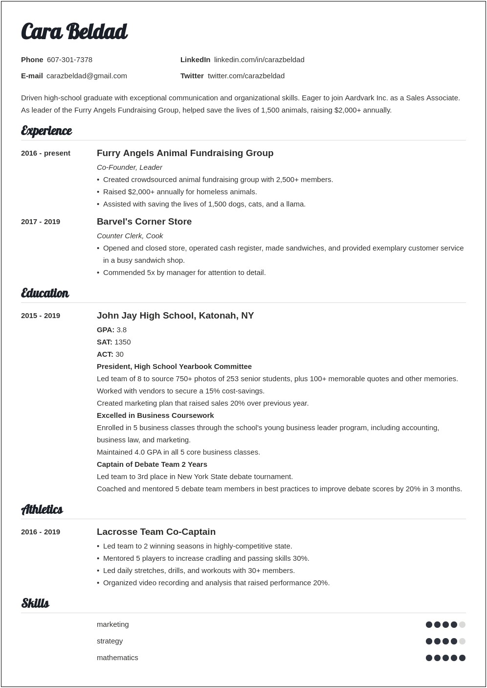 No Experience Resume For Highschool Students