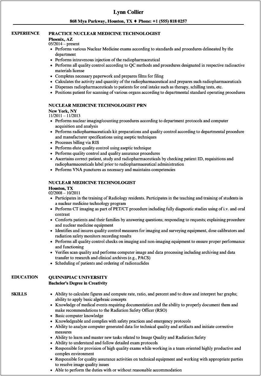 Nuclear Medicine Technologis Resume 1 Year Experience