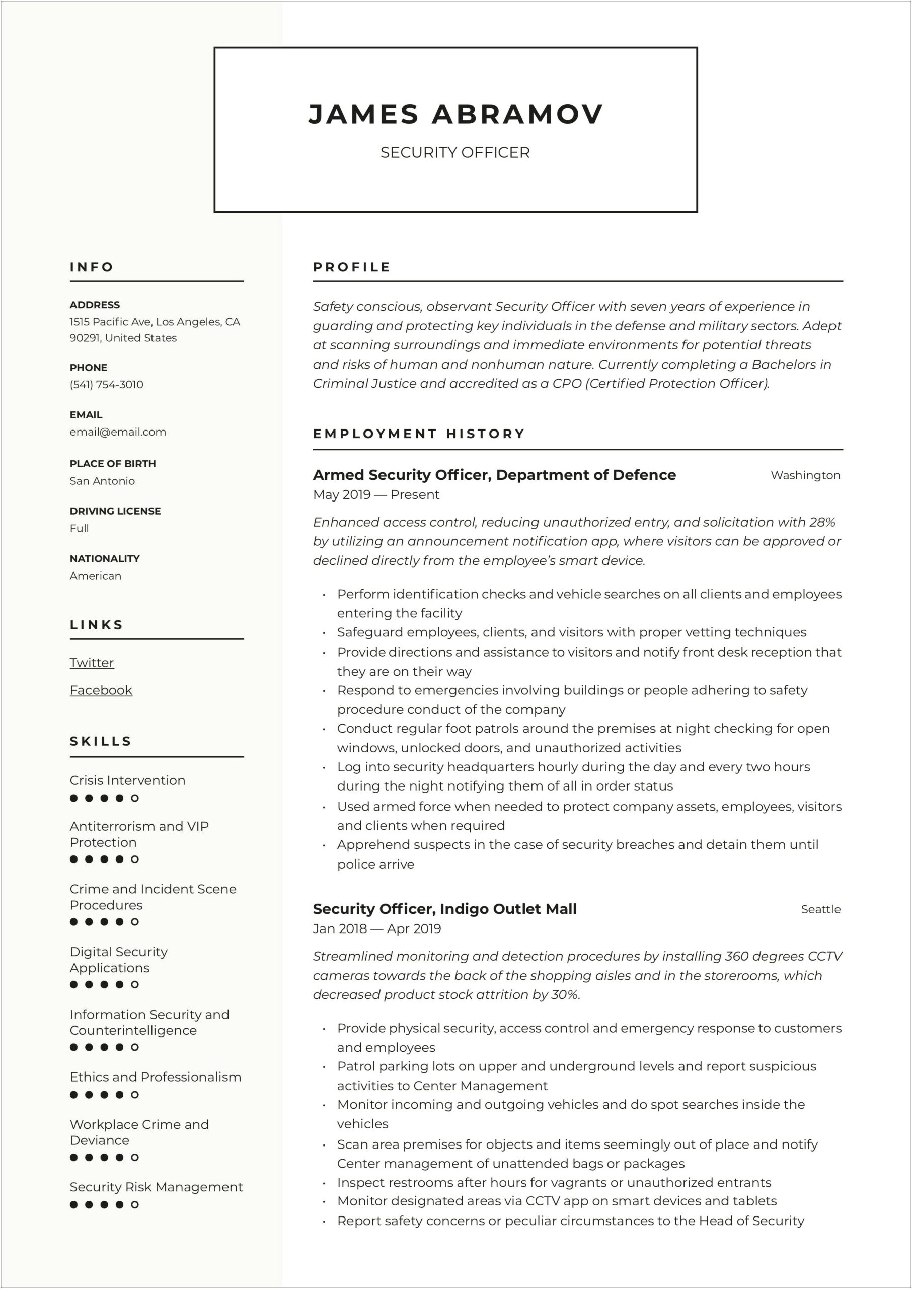 Nuclear Security Officer Resume Example