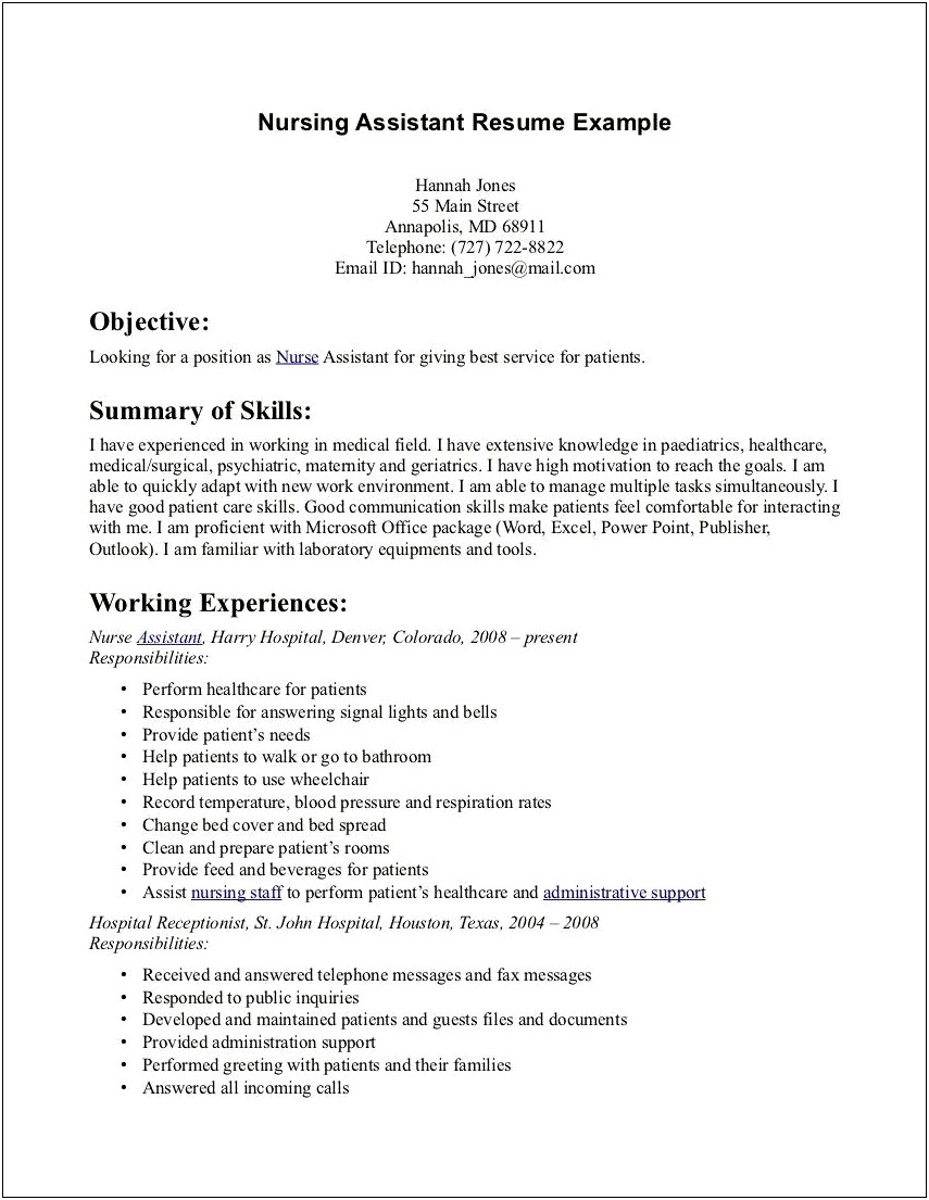 Nursing Assistant Resume Objective Examples