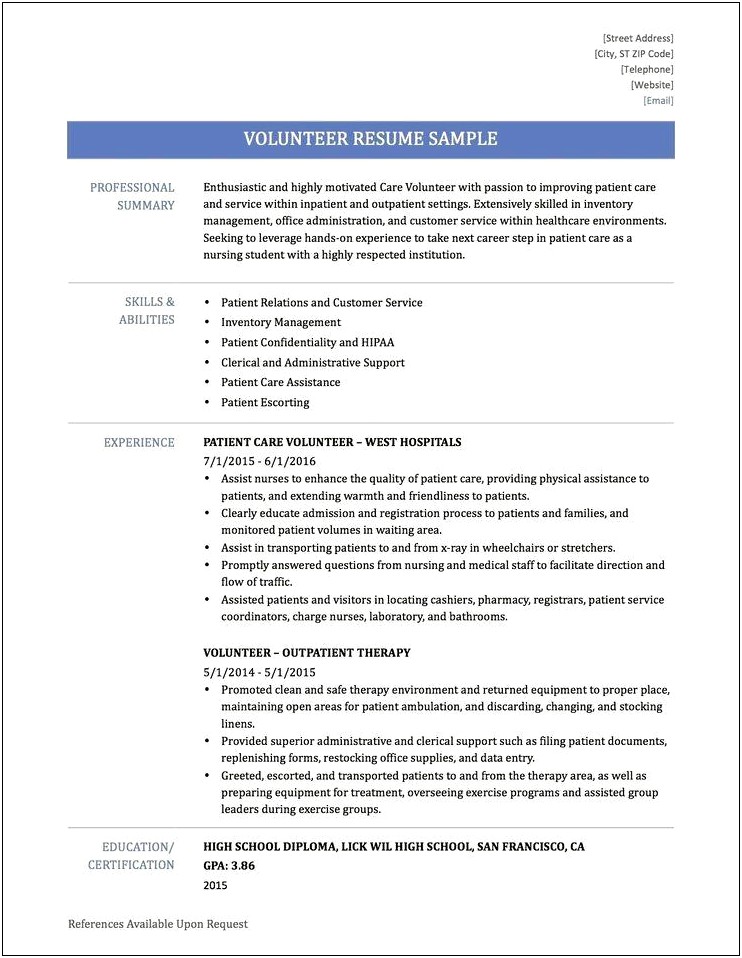 Nursing Home Volunteer Job Description Resume