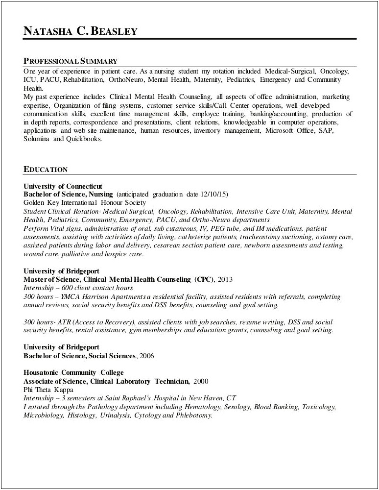 Nursing Mental Health Clinical Description Resume