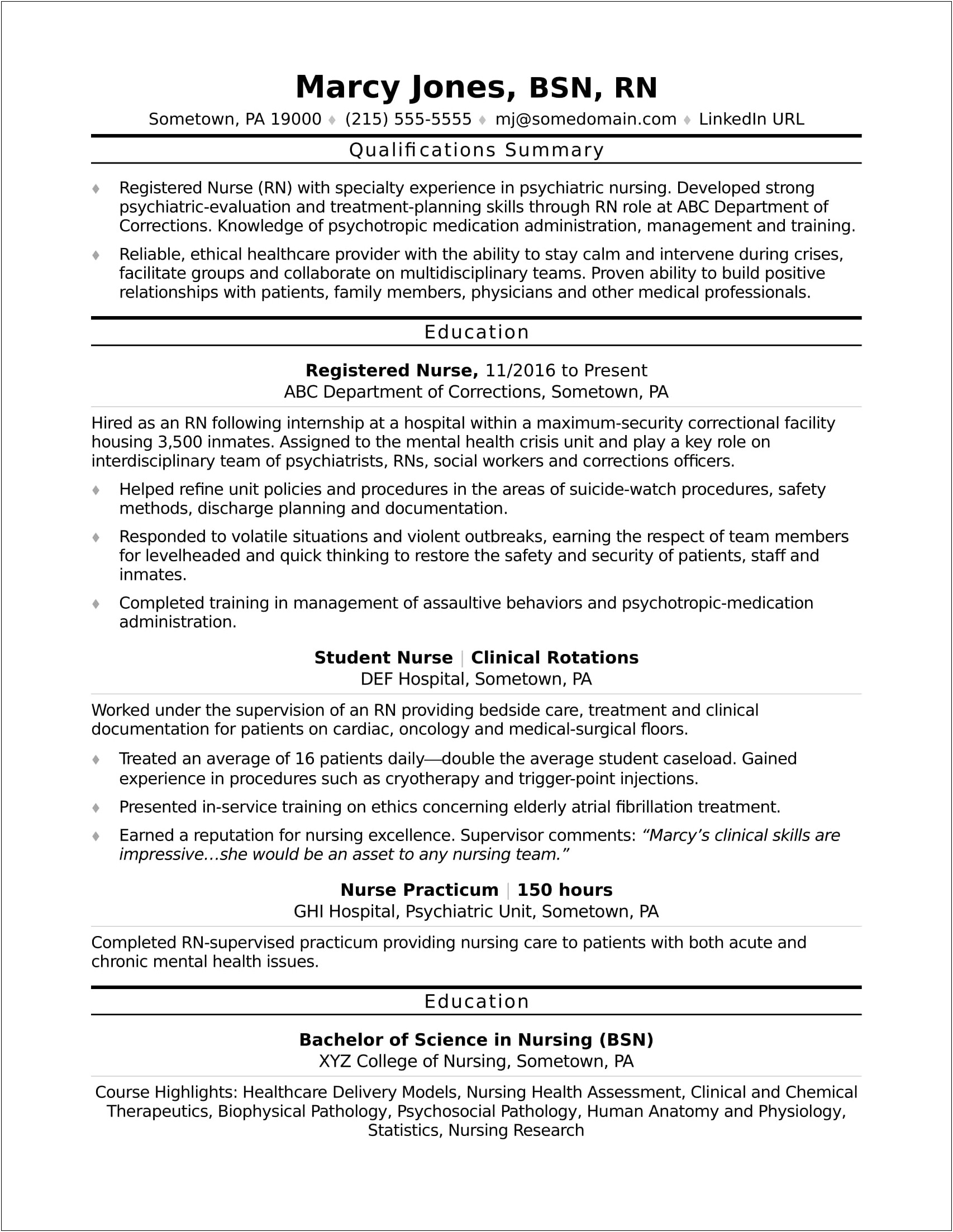 Nursing Professional Summary Resume Example