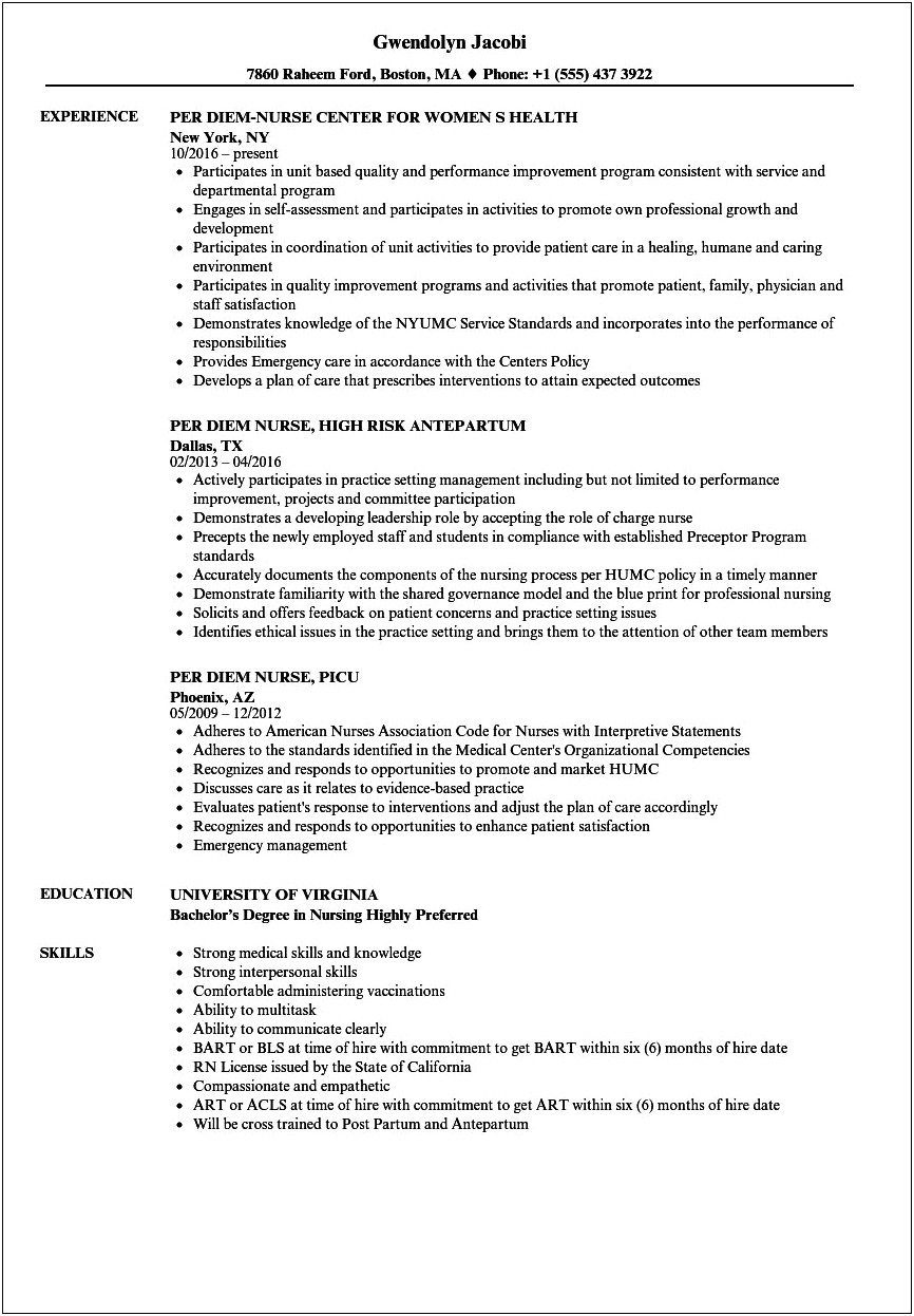 Nursing Resume For Per Diem Jobs