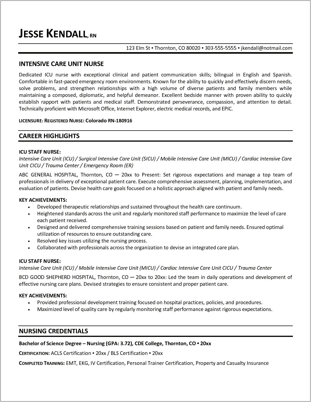 Nursing Resume Objective Acute Care