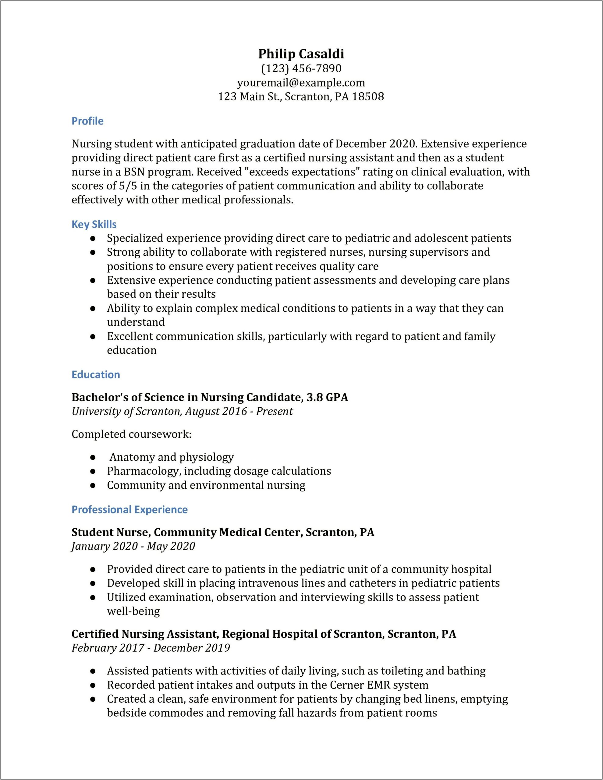 Nursing Student Clinical Skills For Resume