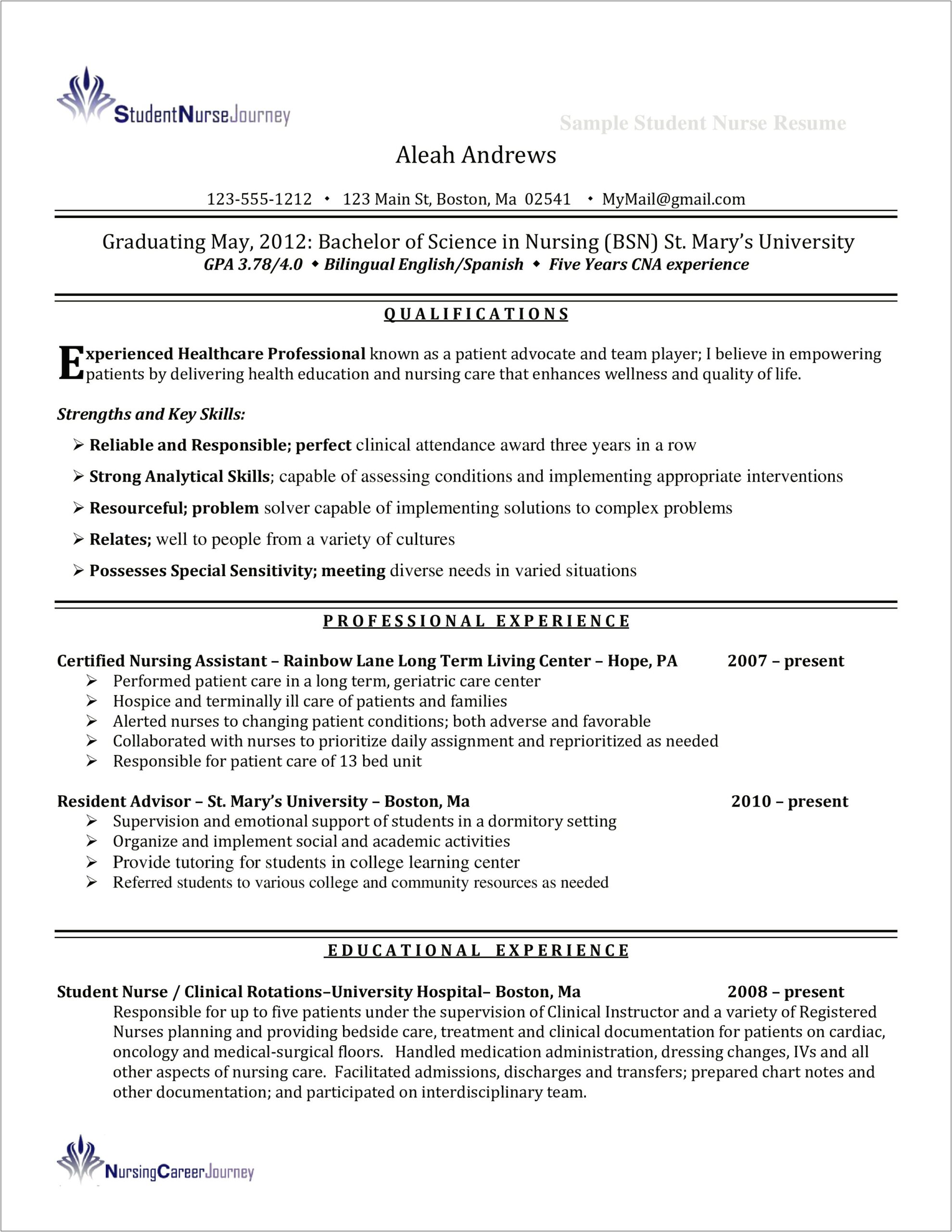 Nursing Student Resume Sample Form