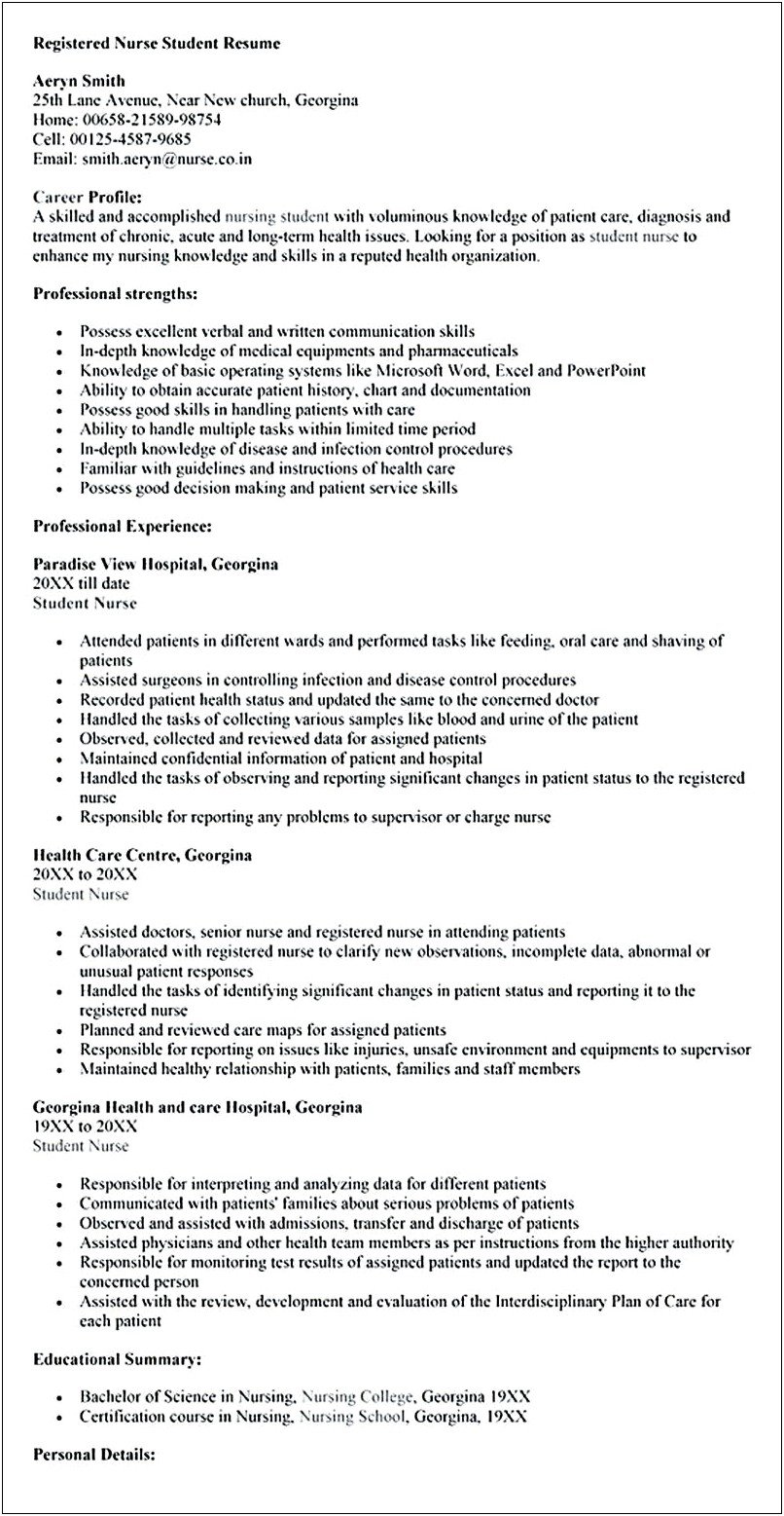 Nursing Student Resume Summary Of Qualifications