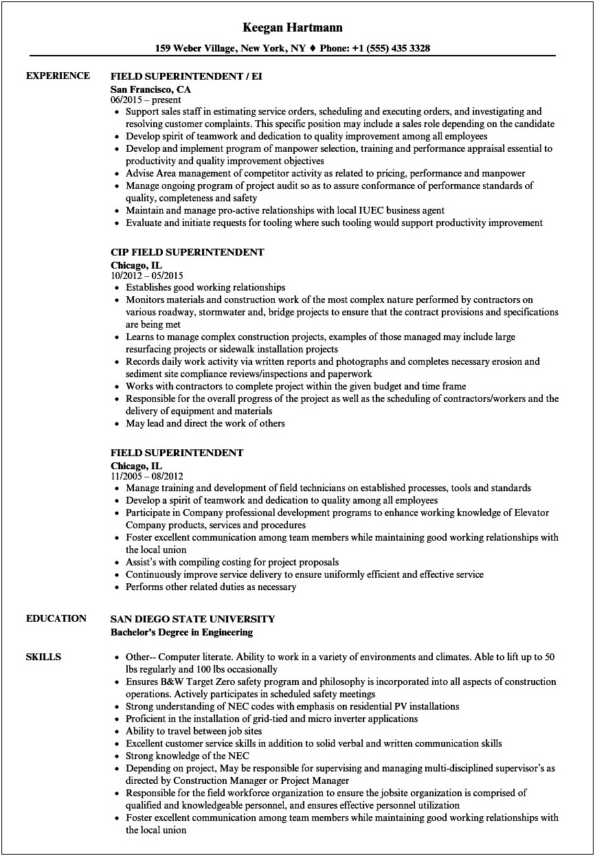 Nys Construction Superintendent Resume Sample