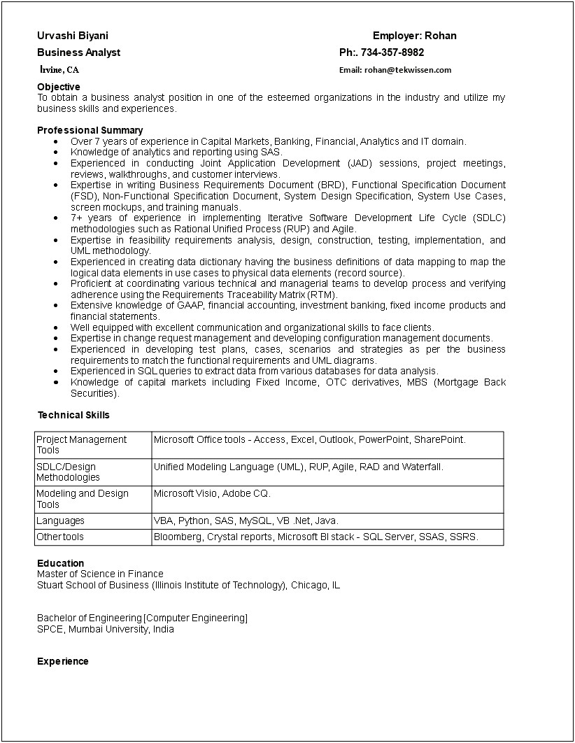 Obiee Business Analyst Resume Sample