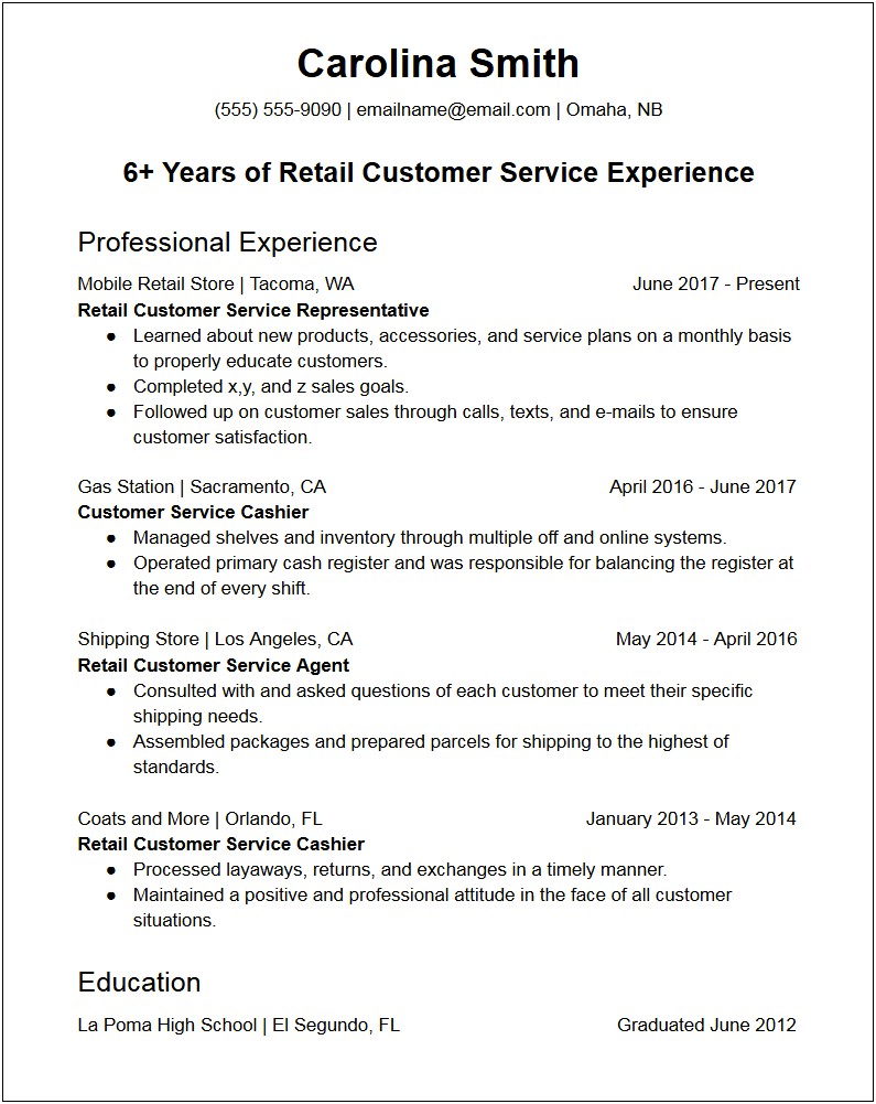 Objective Customer Service Representative Resume