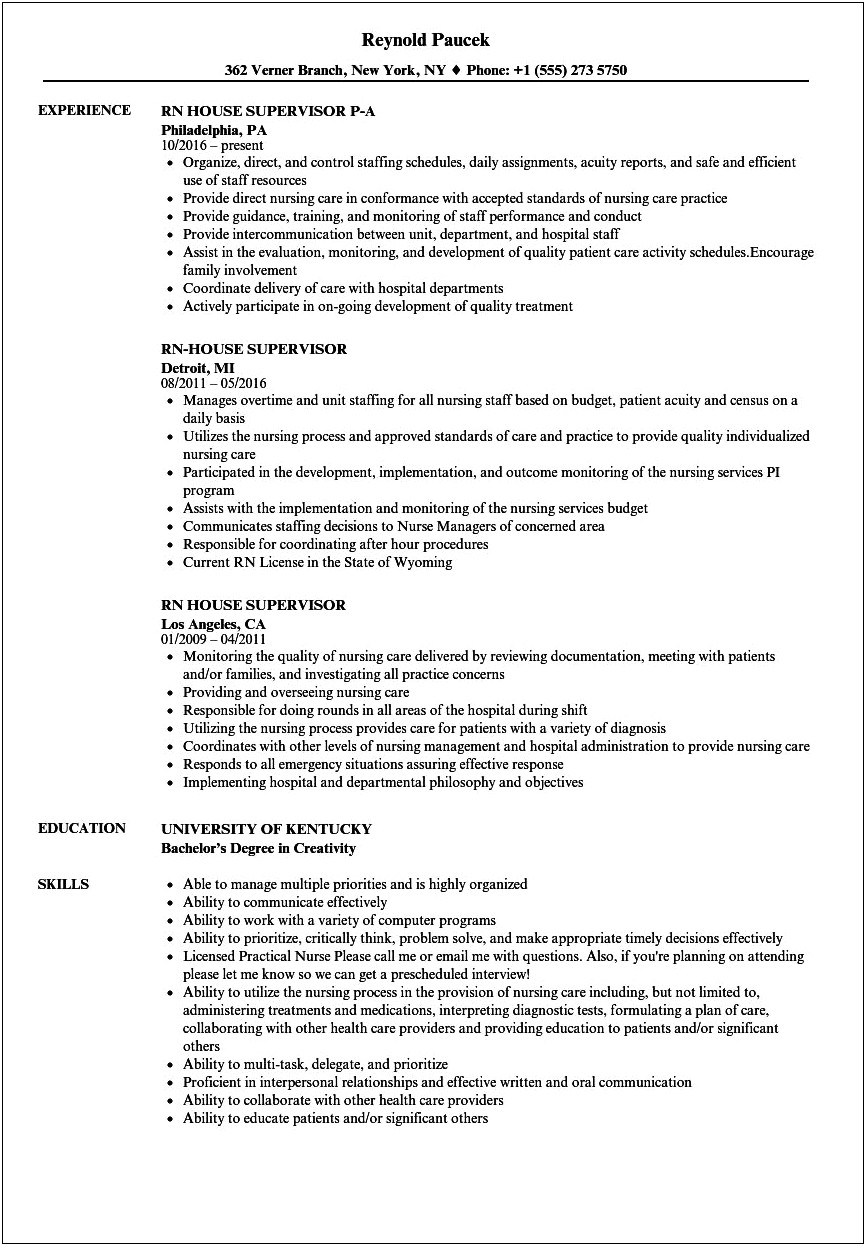 Objective Examples For A Nurse Supervisor In Resume