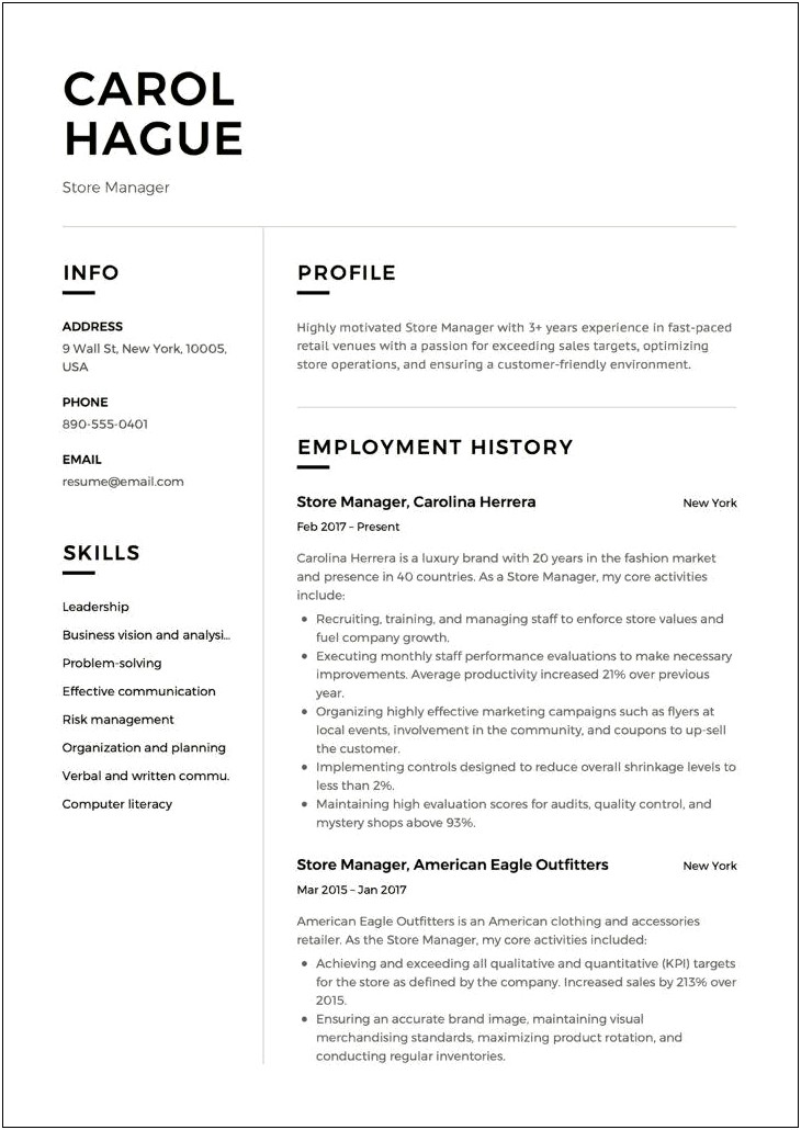 Objective Examples For A Resume In A Store