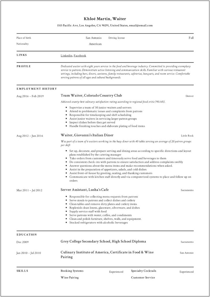 Objective Examples For Resume For Waitress