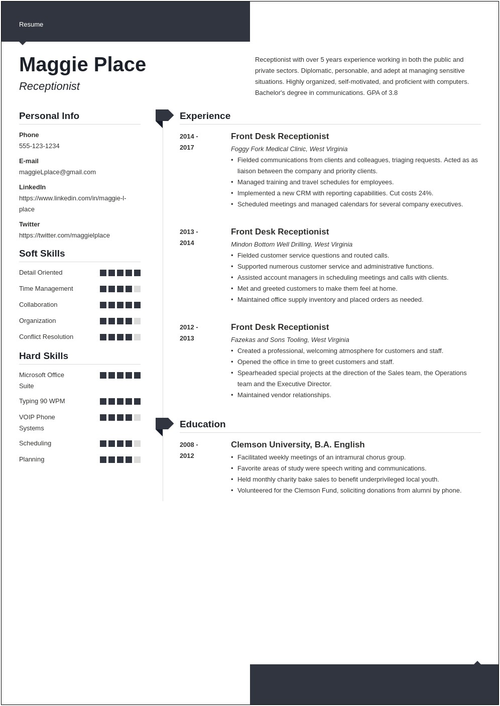 Objective Examples For Resume Receptionist
