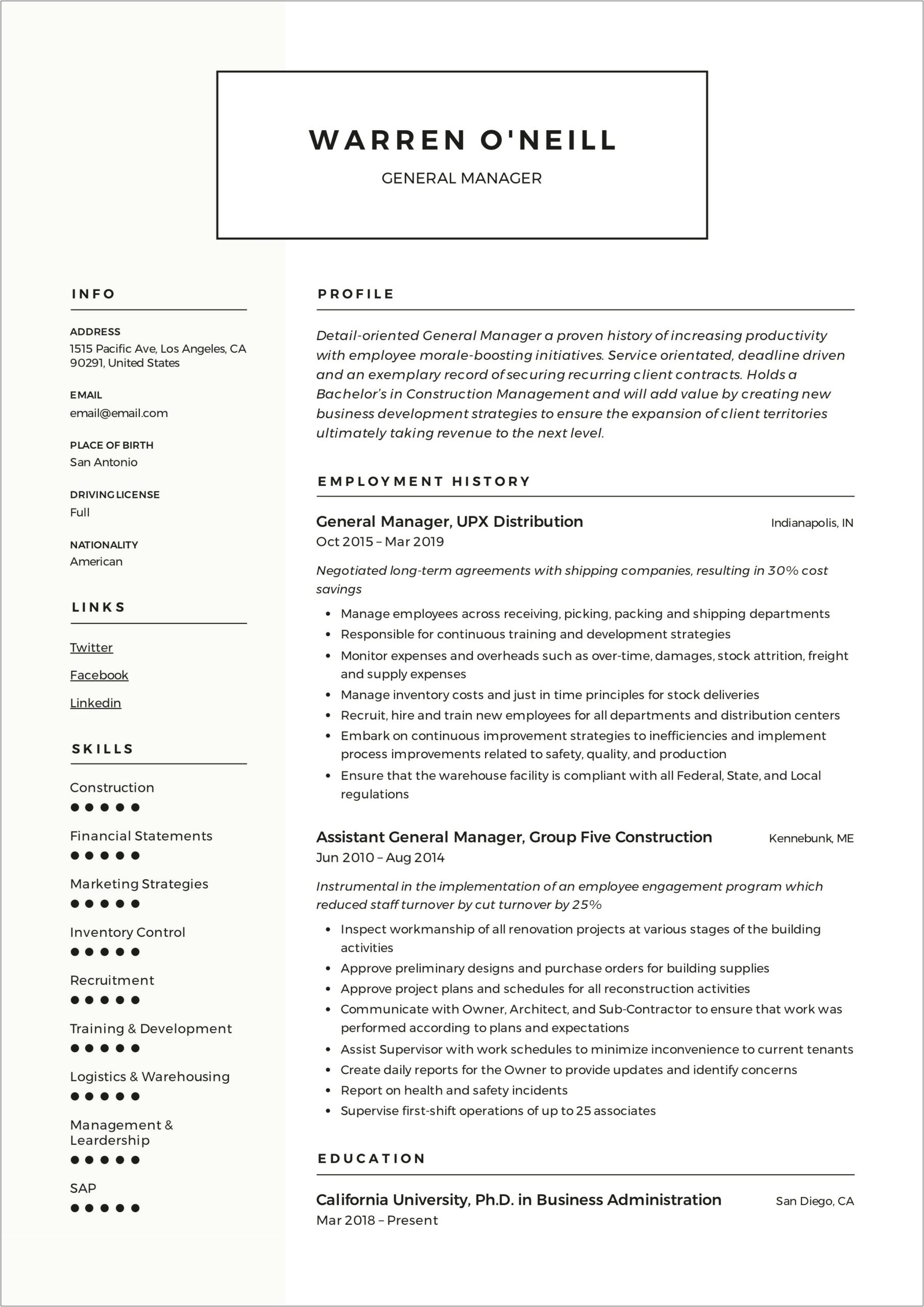 Objective For A General Manager Resume