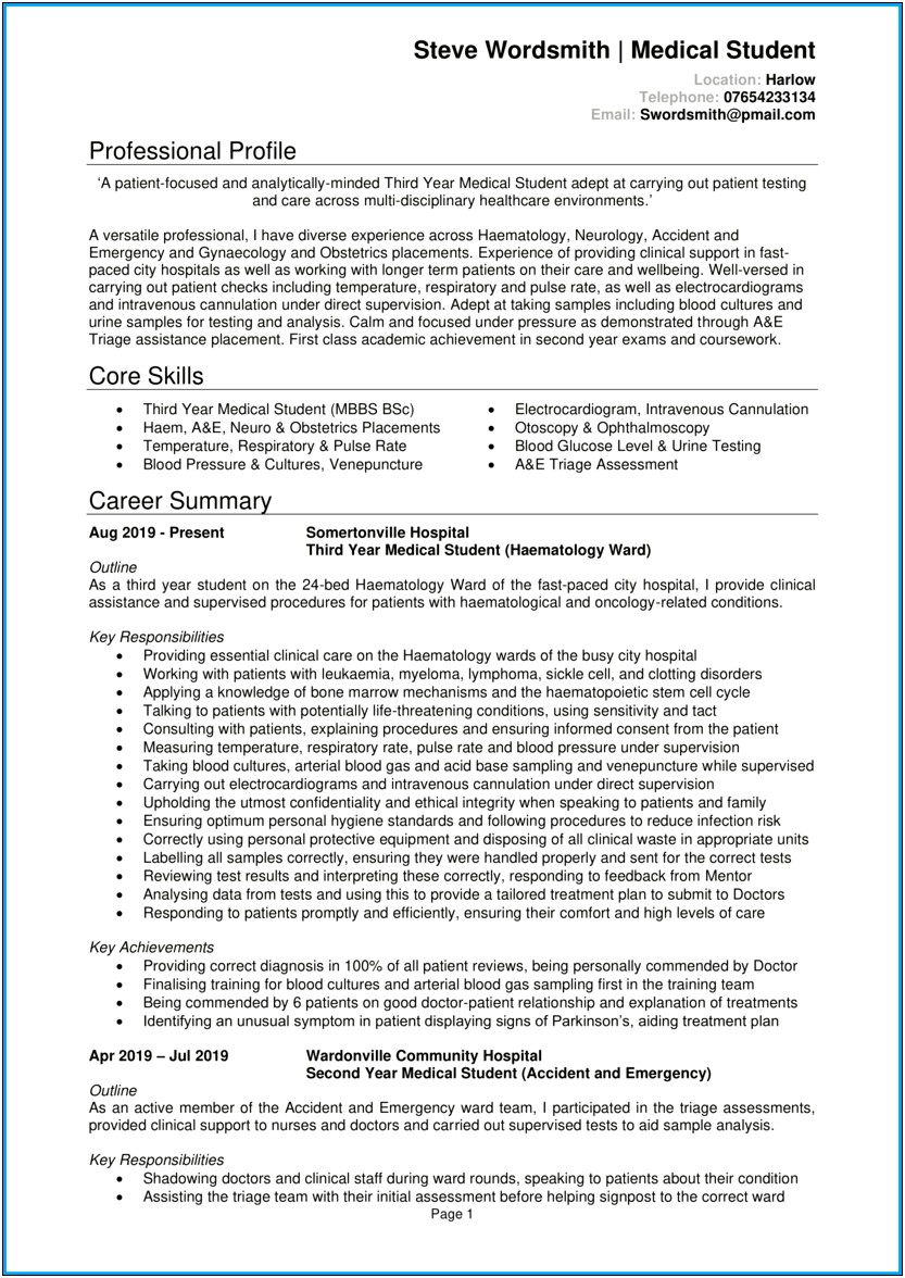 Objective For A Medical Student Resume