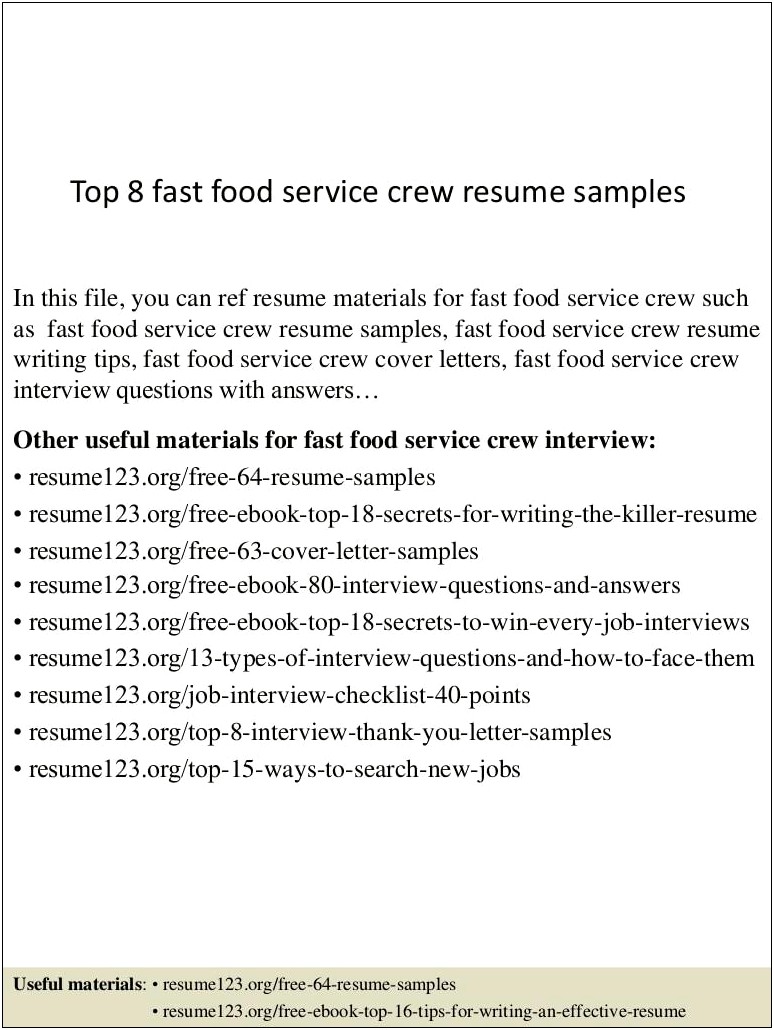 Objective For A Resume For Mcdonalds Crew Member